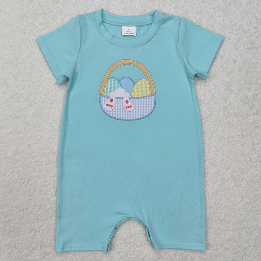 blue embroidery easter egg basket romper boy