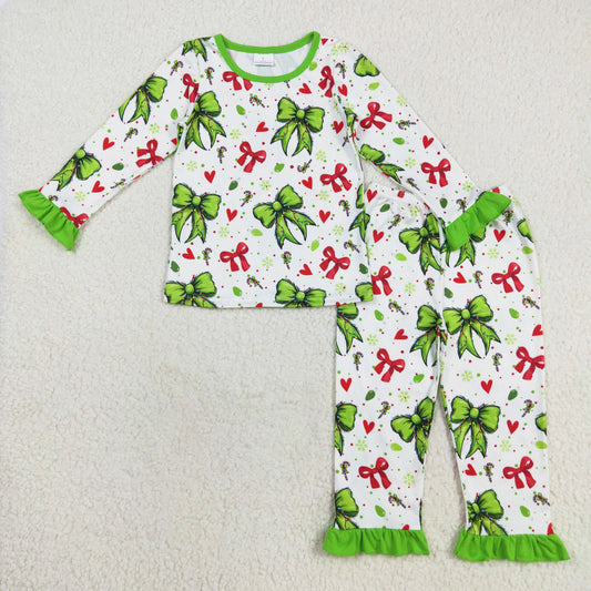 Christmas green red bows print ruffle pajama lounge set