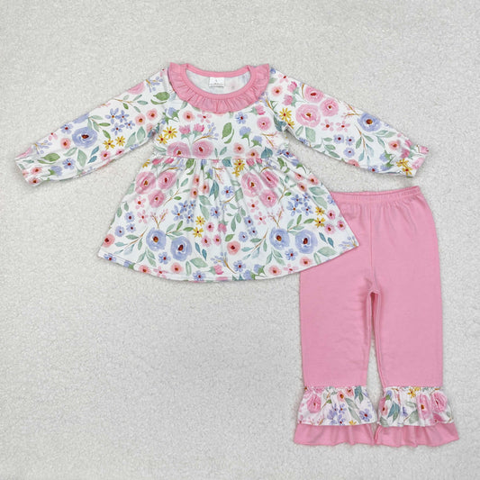 floral tunic solid pink ruffle pants set girl fall clothing