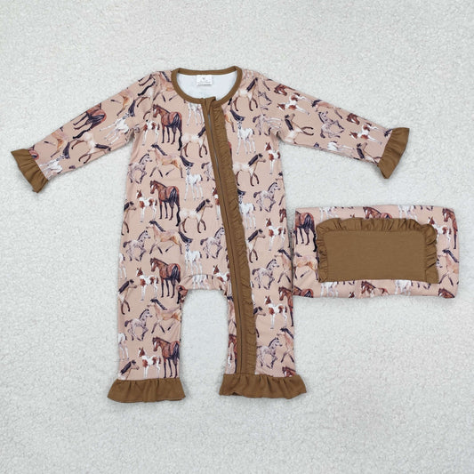 brown horse print ruffle zip sleeper baby clothes