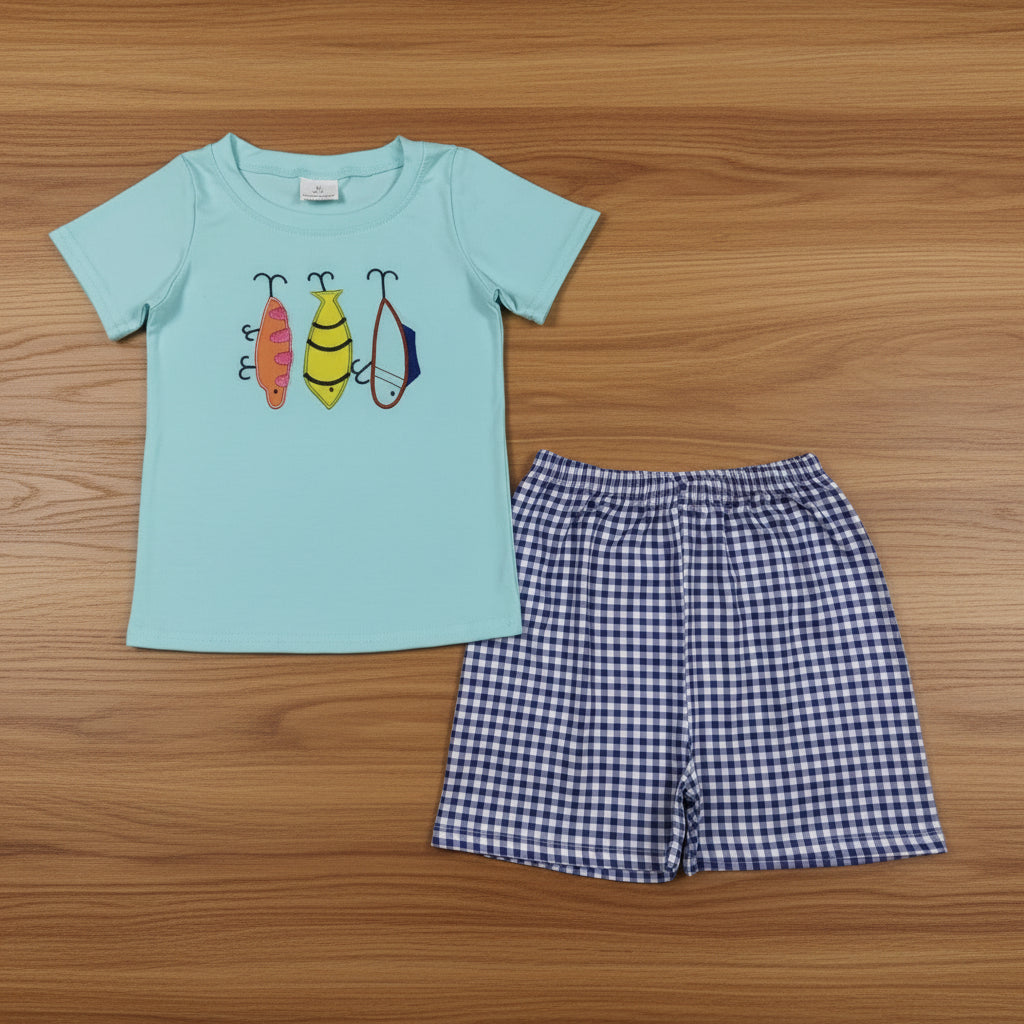 fishhook embroidery boy shorts set