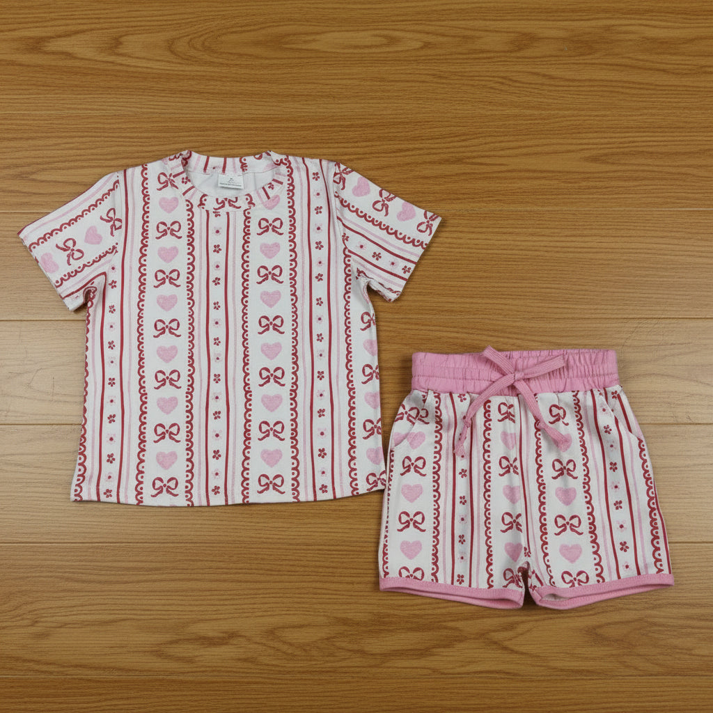 valentine's day pink bow heart pocket shorts set