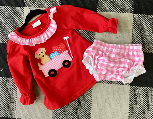 baby girl long sleeve pink red valentine puppy heart car embroidery bummie set