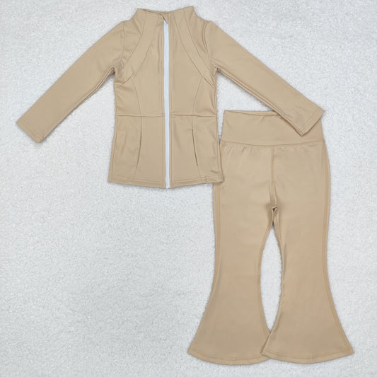 little girl yoga solid Khaki two piece activewear