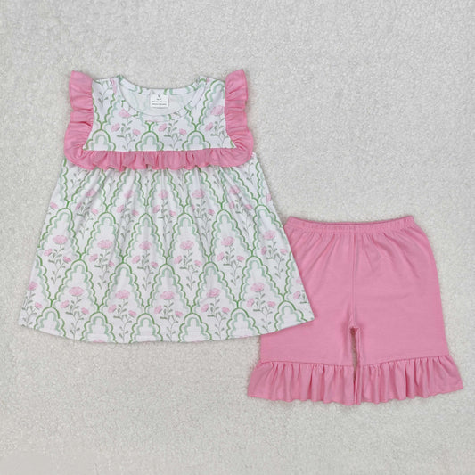 grandmillennial green scallop pink flowers shorts set