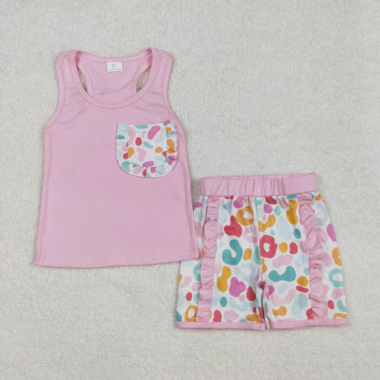 pink tank top colorful leopard shorts set