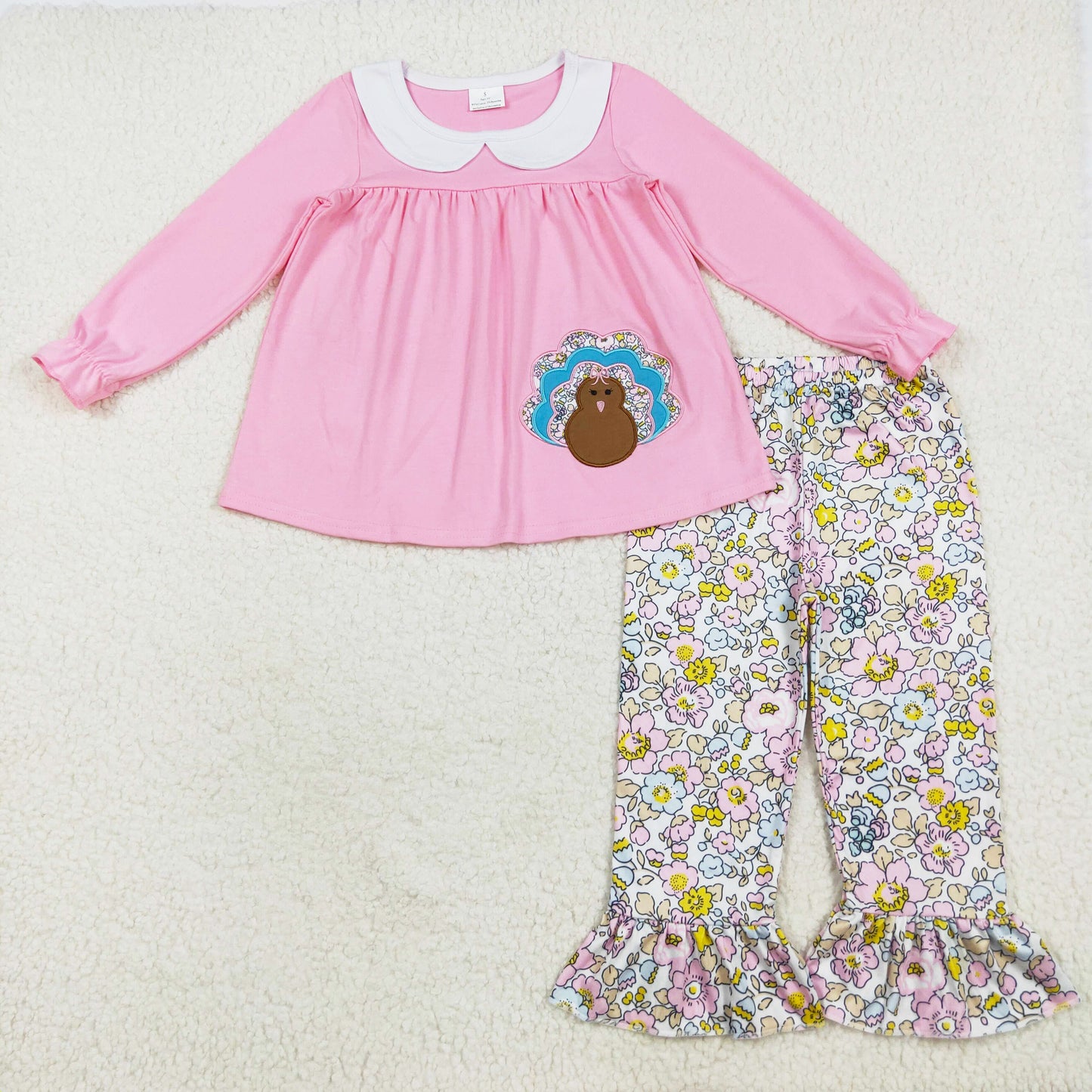 pink turkey embroidery floral ruffle pants set