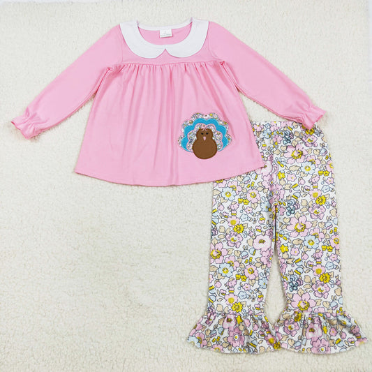 pink turkey embroidery floral ruffle pants set