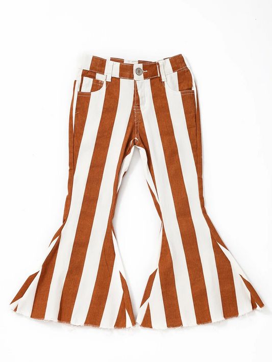 Brown Stripe Flare Jeans Bells with Pocket