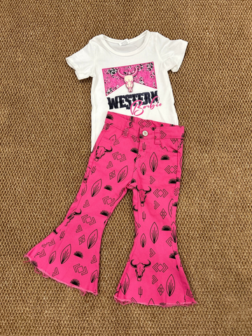 Cow Skull Top Hot Pink Denim Bell Jeans Girls Clothes Set