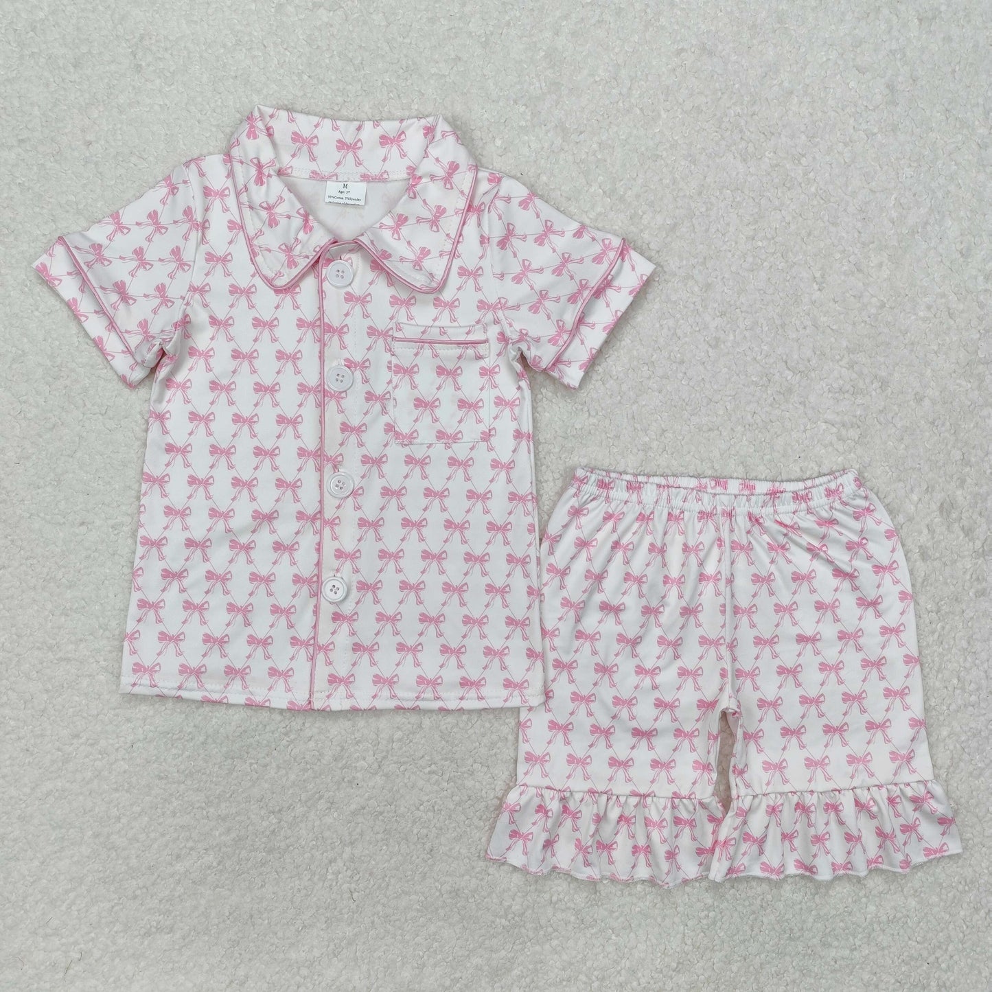 pink bows print girls button down shorts pajama set