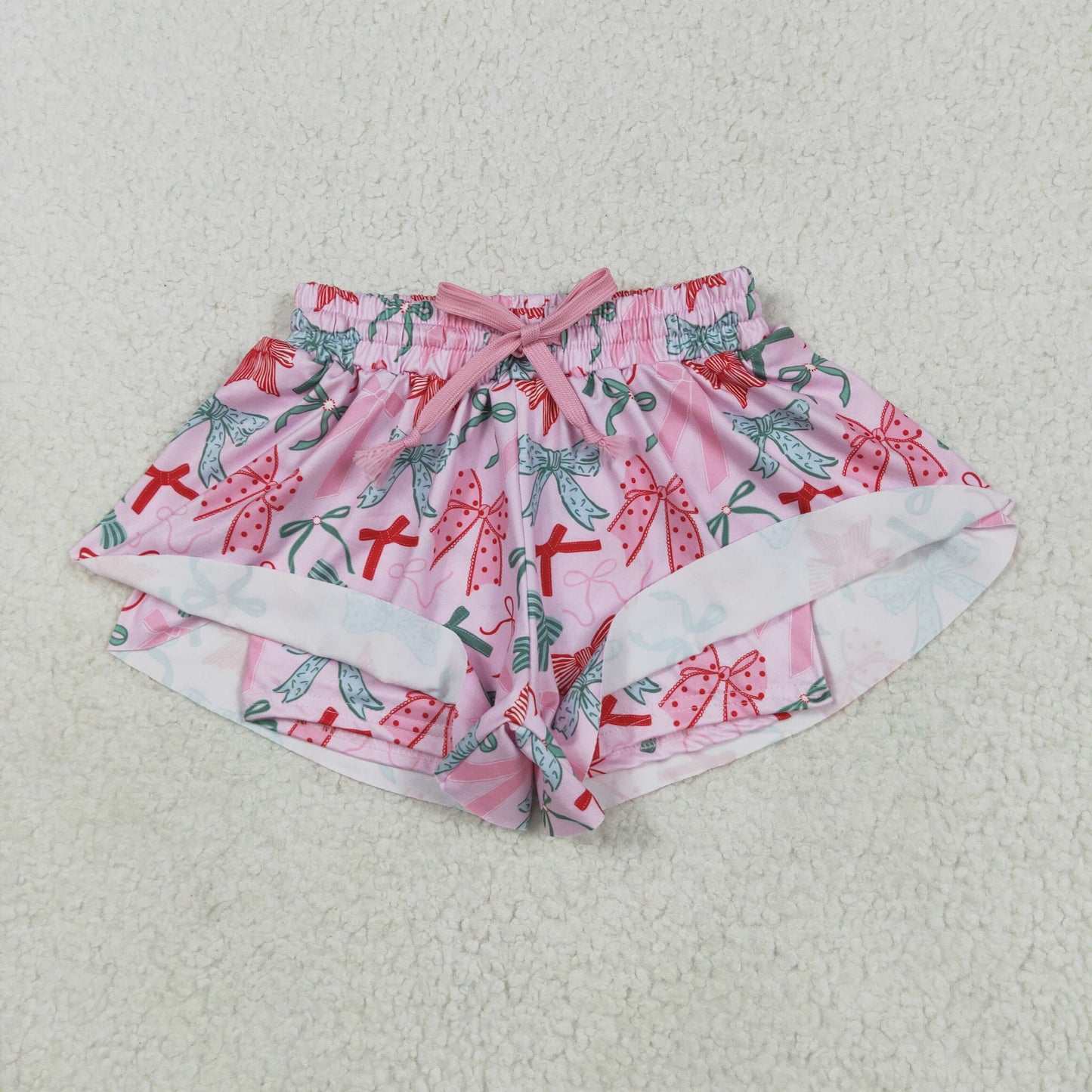 pink red green bow coquette wide leg shorts