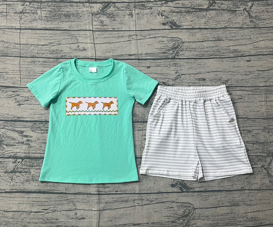 pre order Dog embroidery top stripe shorts kids boys outfits