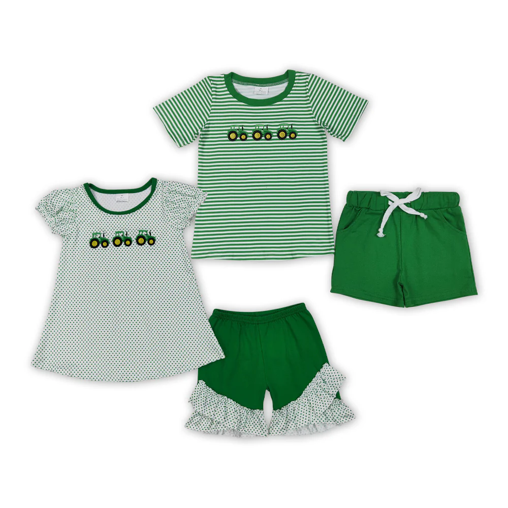 Tractor Embroidery Shorts Set Sibling Clothes