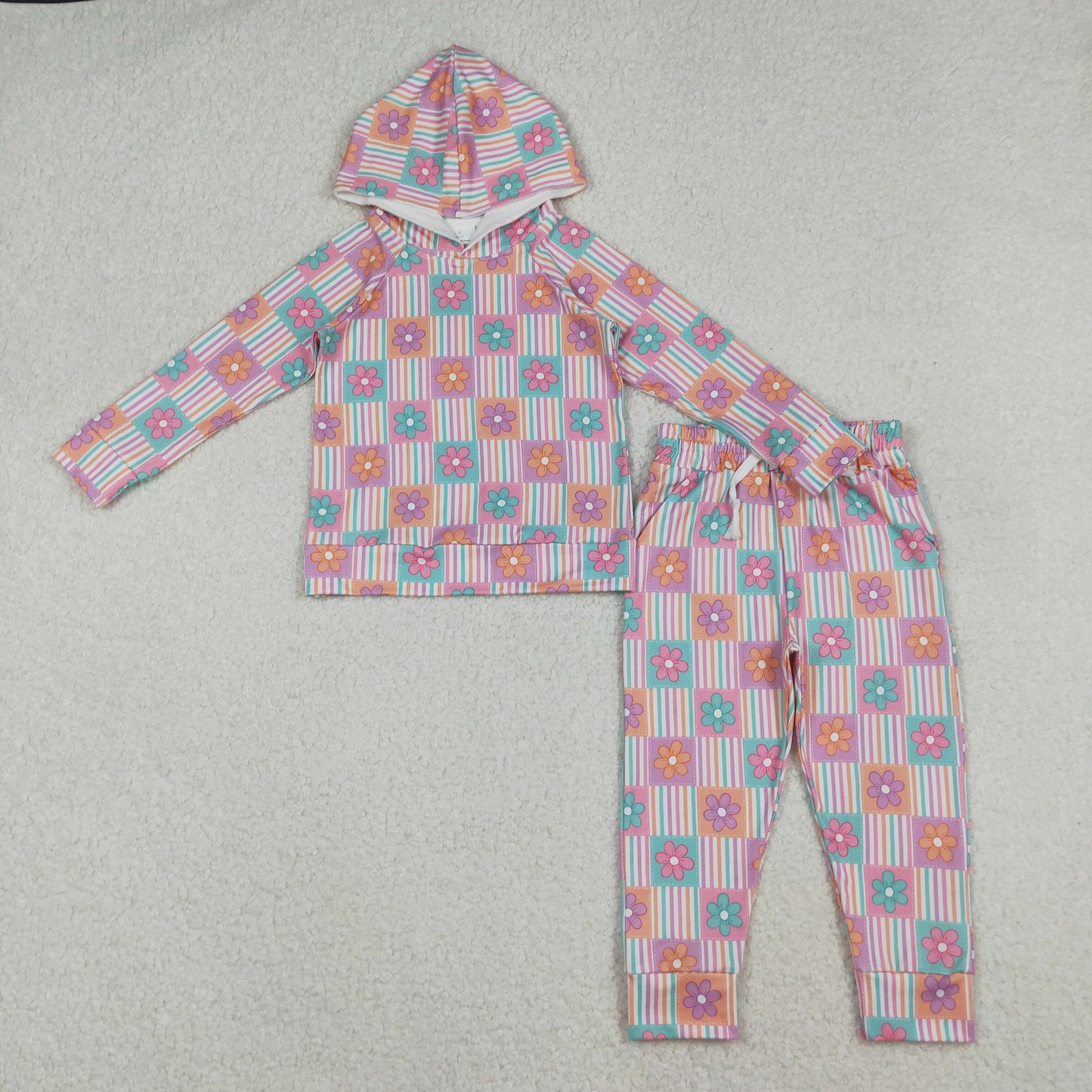 flower stripe patchwork hoodie pants set girls outfit
