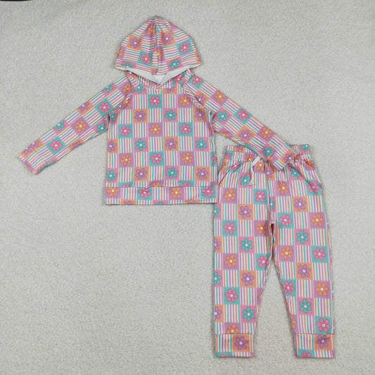 flower stripe patchwork hoodie pants set girls outfit