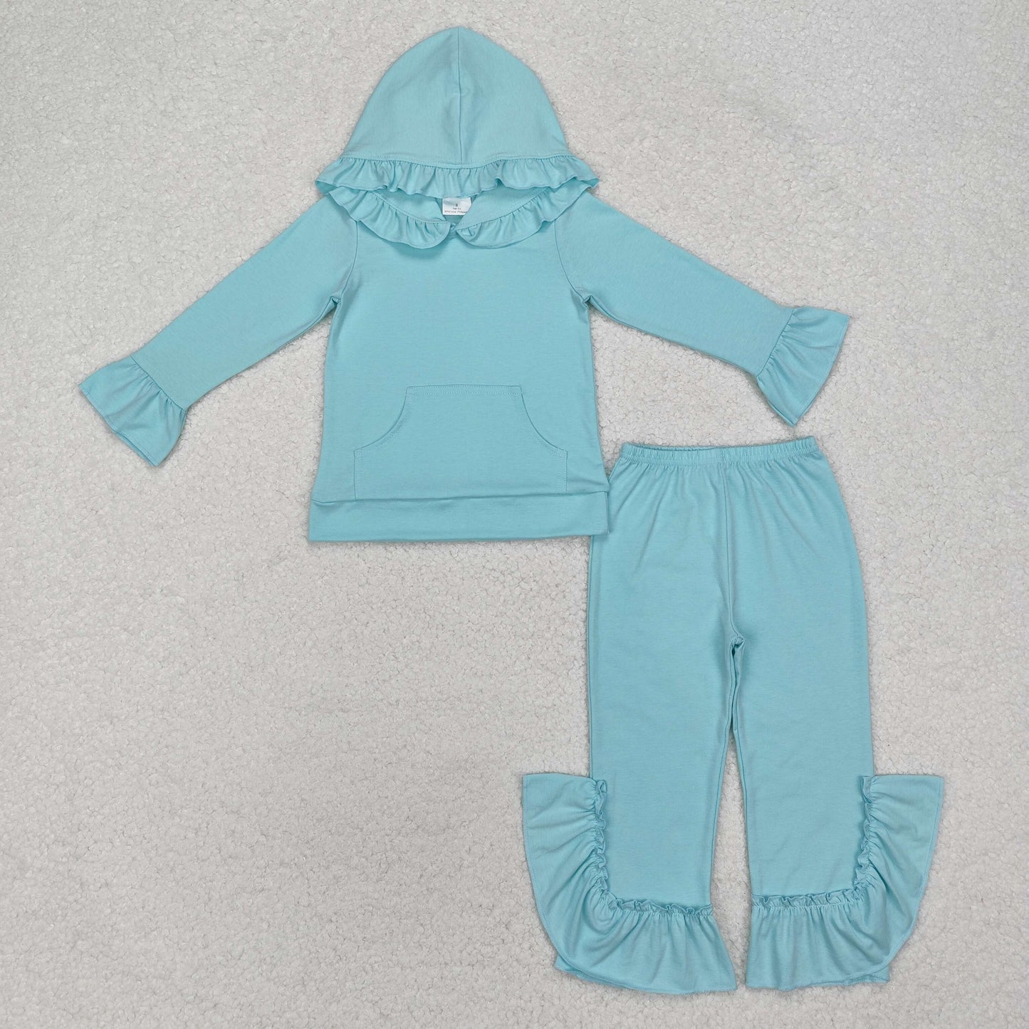 solid blue cotton ruffle hoodie pants outfit girl’s clothing