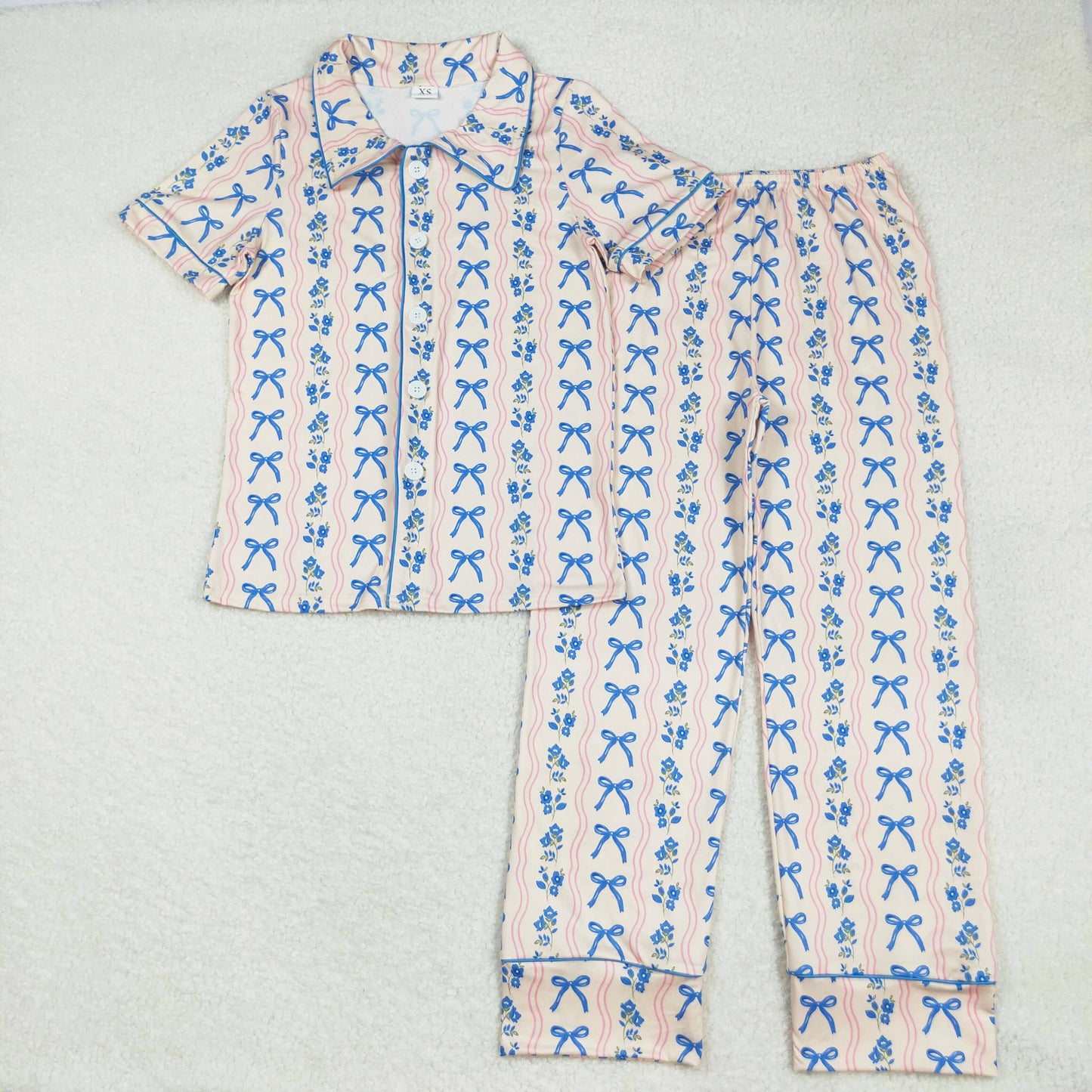 Adult Women's Blue Flower Bows Buttons Pajamas Clothes Set