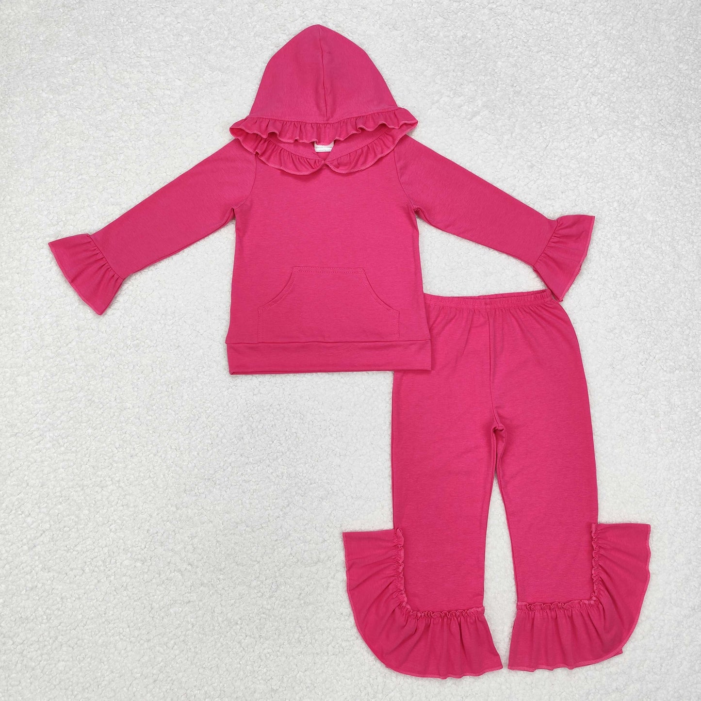 solid hot pink cotton ruffle hoodie pants outfit girl’s clothing