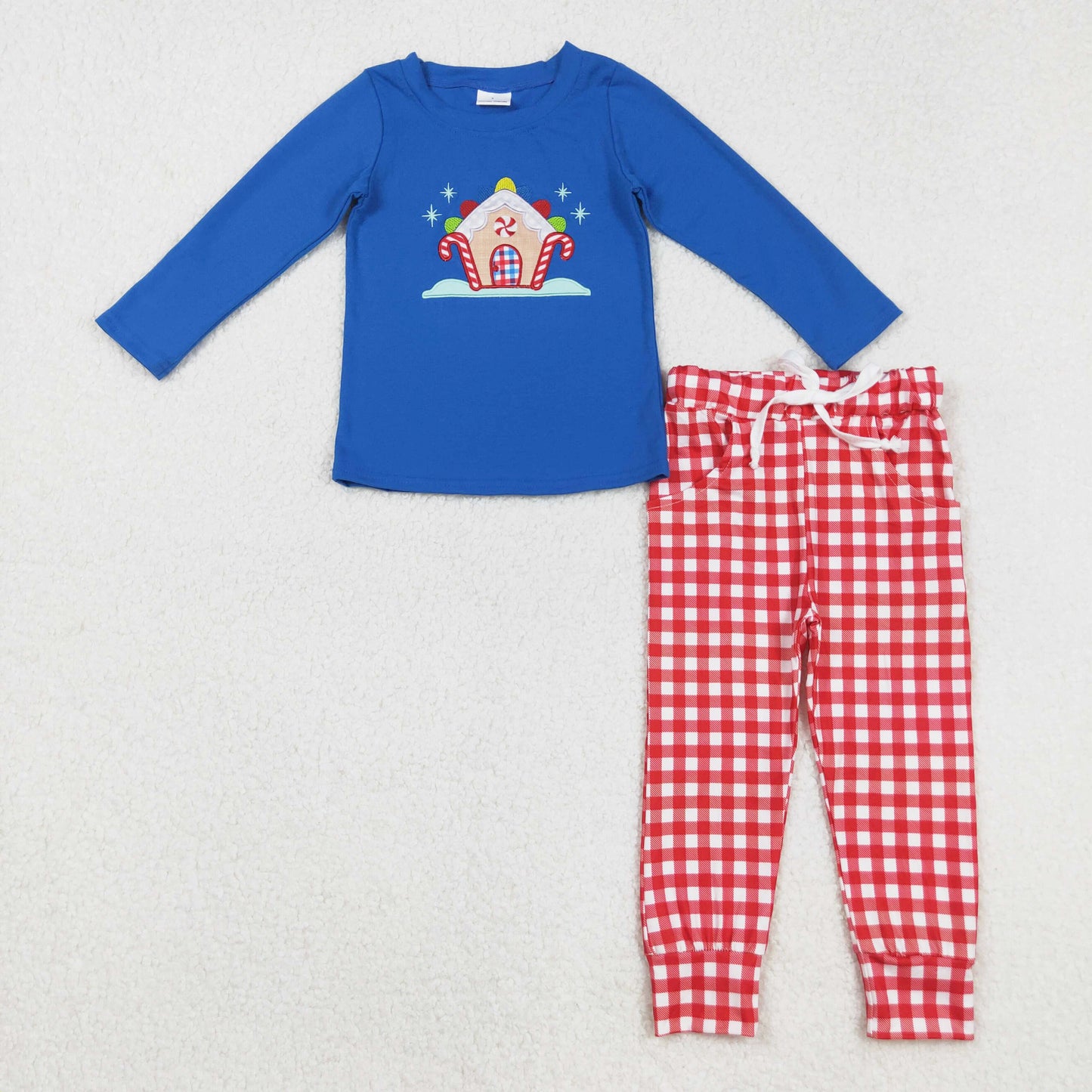 blue gingerbread house embroidery boy jogger outfit