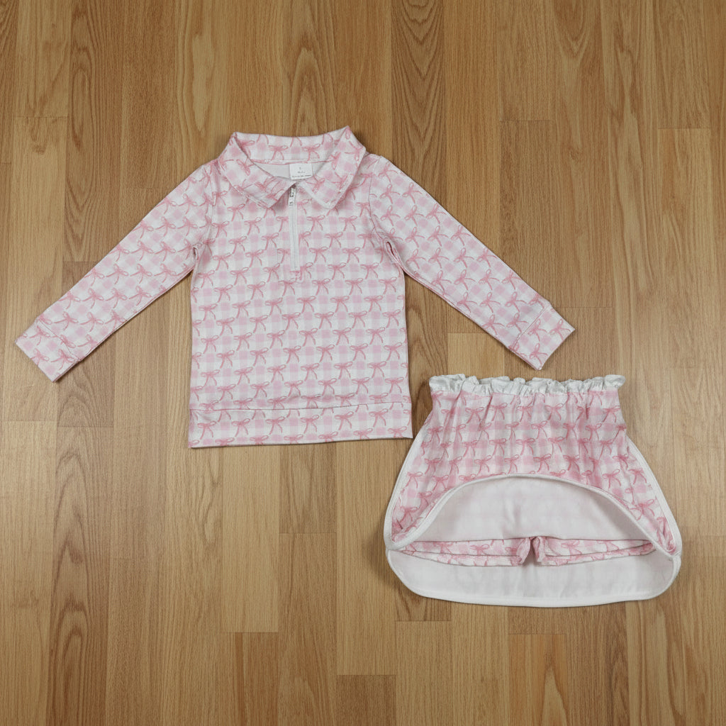 long sleeve pink bow pullover skort set outfit