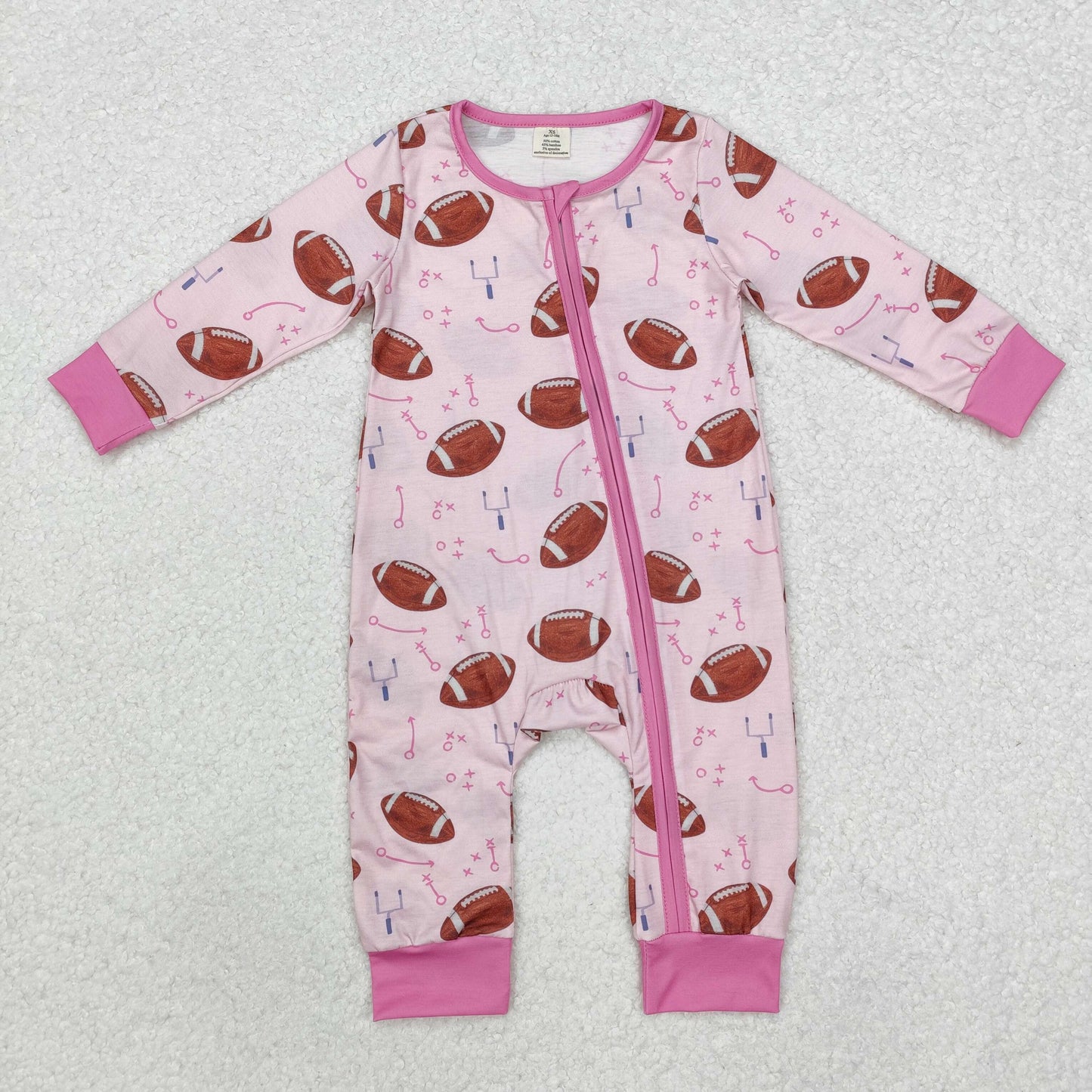 pink baby girl football print zip bamboo sleeper