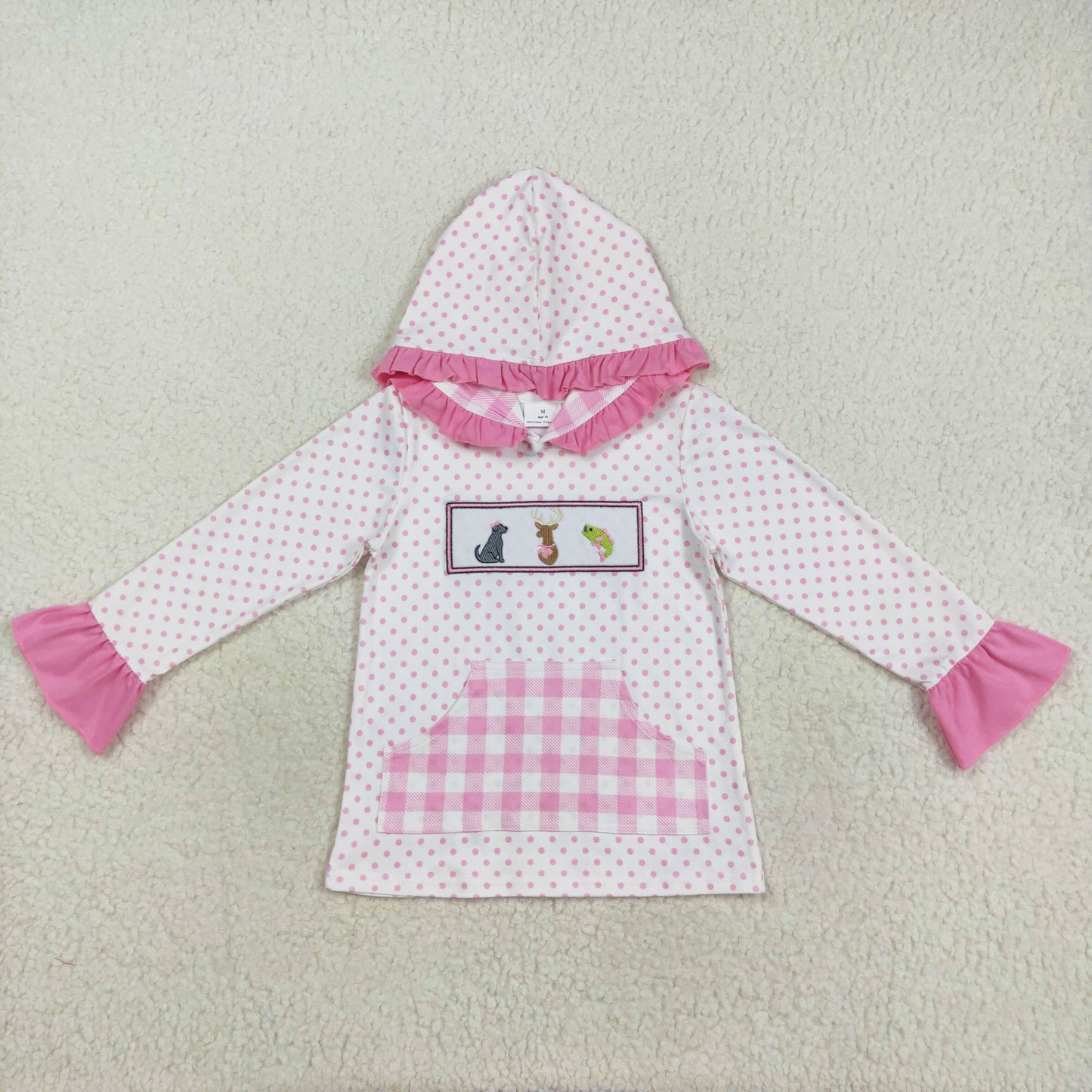 ruffle pink polk dots hunting embroidery girl hoodie