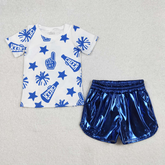 Cheer Top Blue Pocket Pleather Elastic Shorts Girls Summer Clothes Set