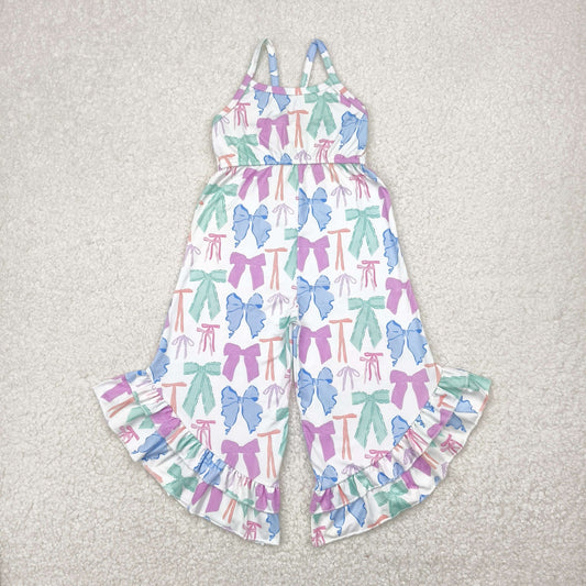 colorful coquette bow strap bell bottom jumpsuit