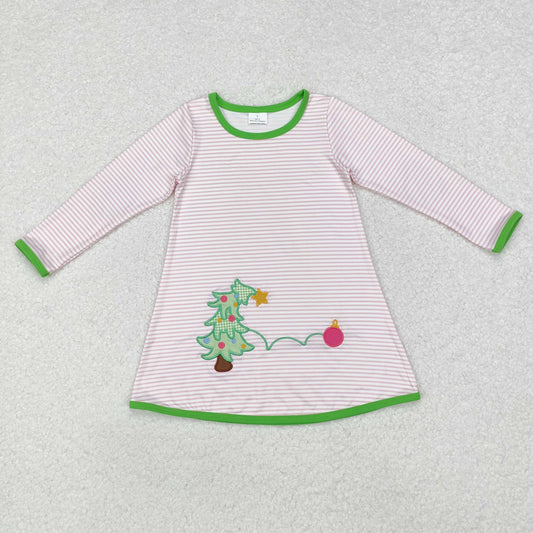 pink striped Christams tree embroidered dress