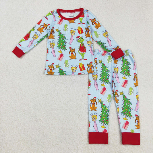 blue Christmas gift trees gri*ch pajama boy lounge set