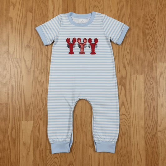 blue stripes crawfish embroidery boy romper