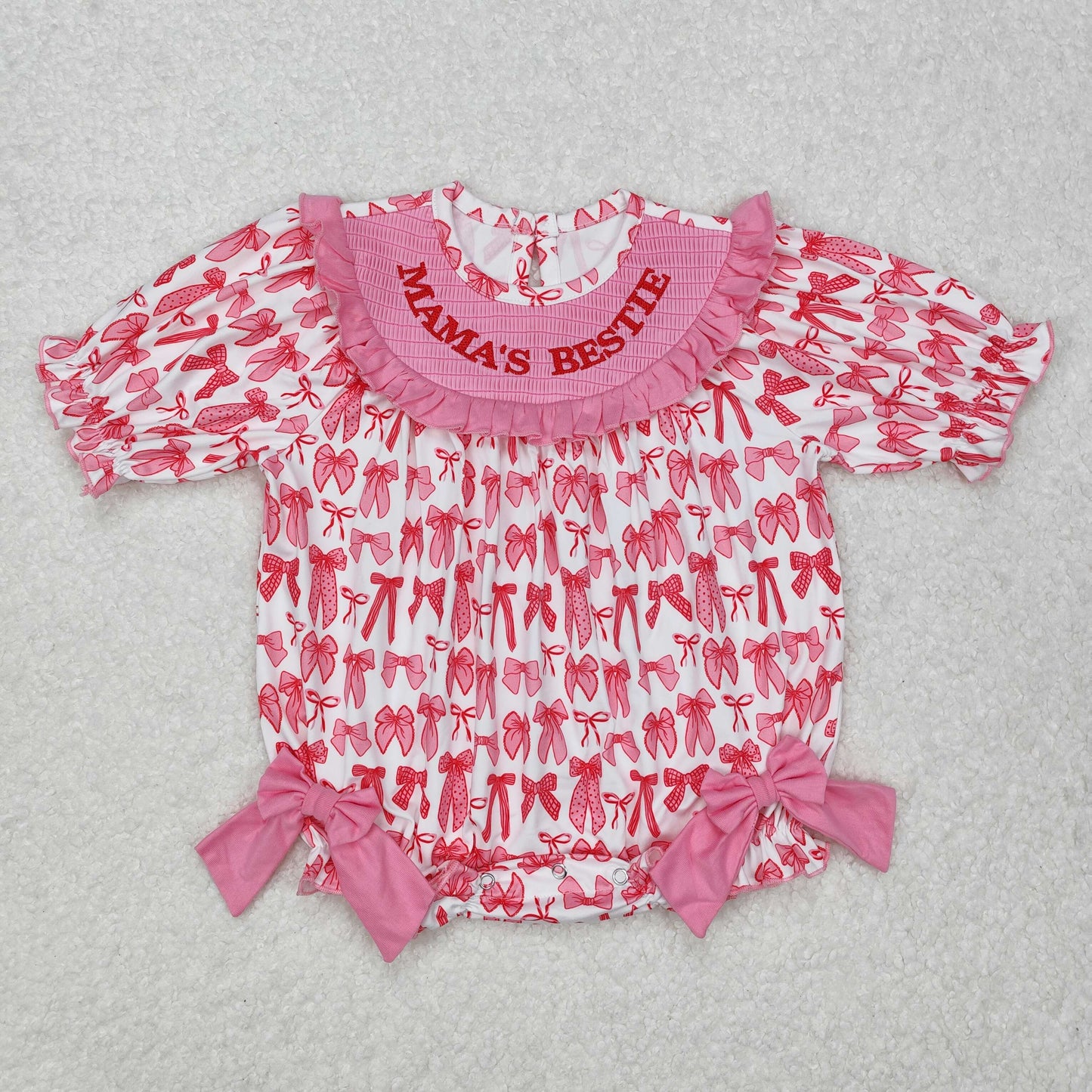 mama's bestie pink bows embroidery romper