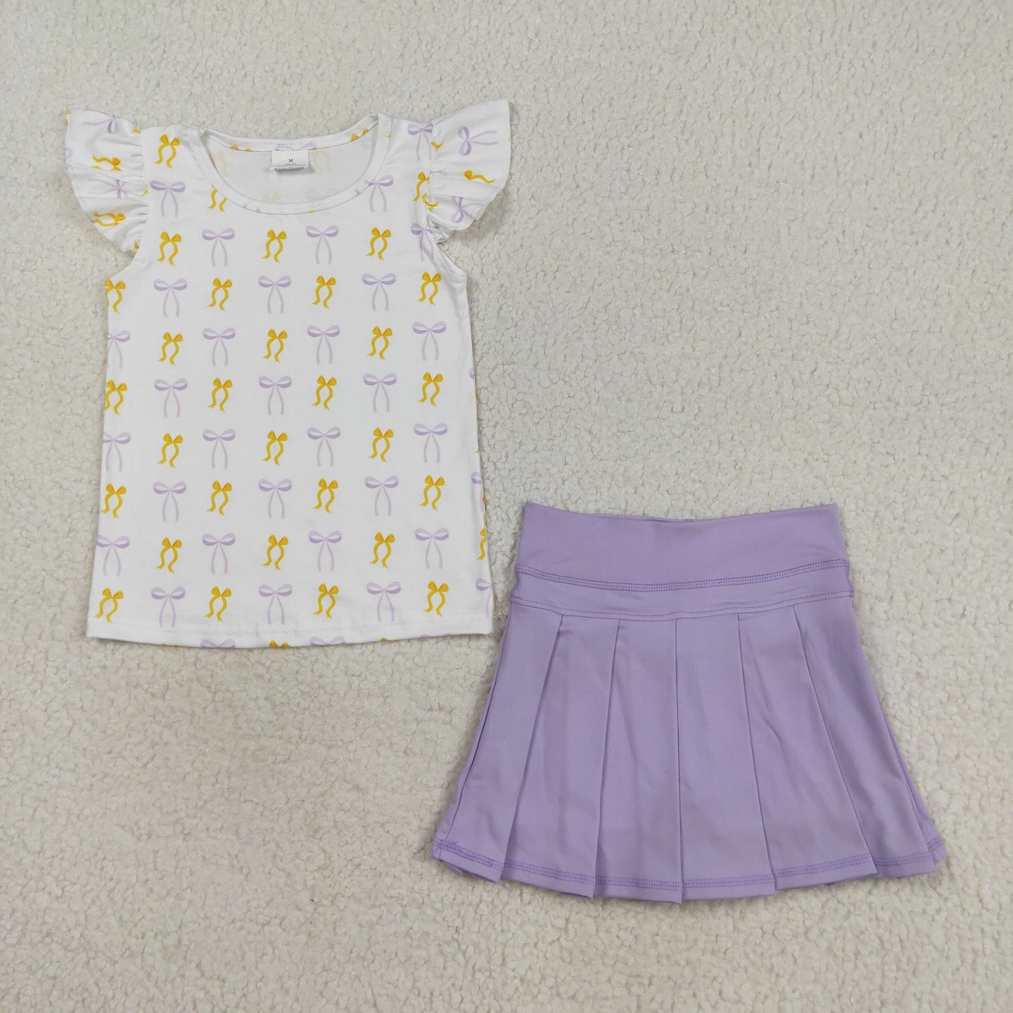 Gold Purple Bow Print Tee Yoga Pleated Skirt Set