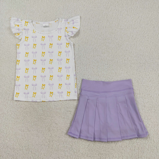 Gold Purple Bow Print Tee Yoga Pleated Skirt Set