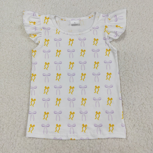 gold purple bow print flutter sleeve tee