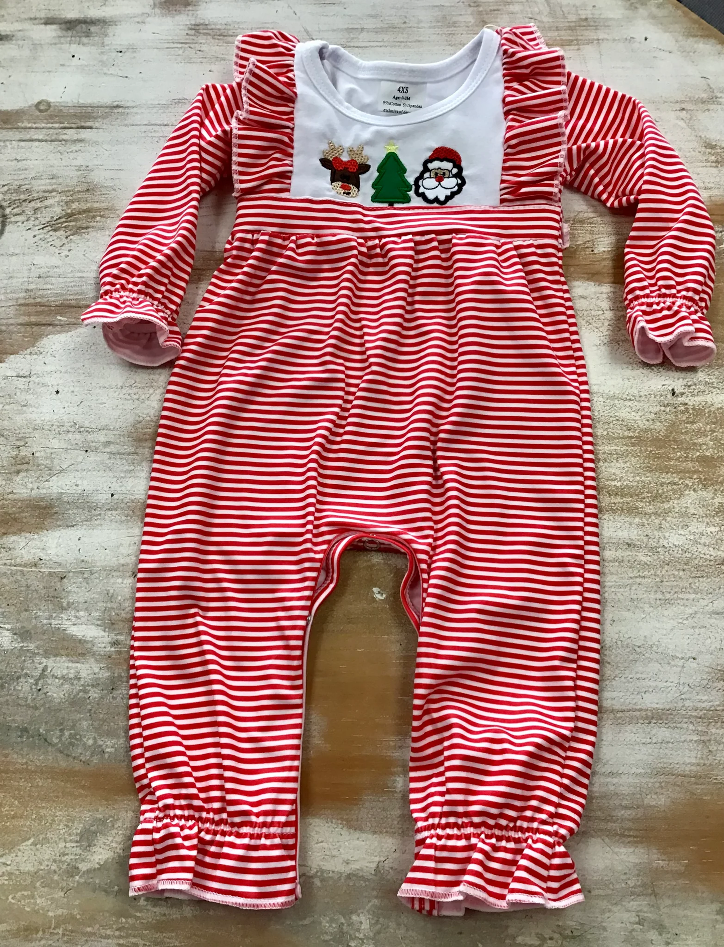 Christmas tree deer santa embroidered red stripe romper