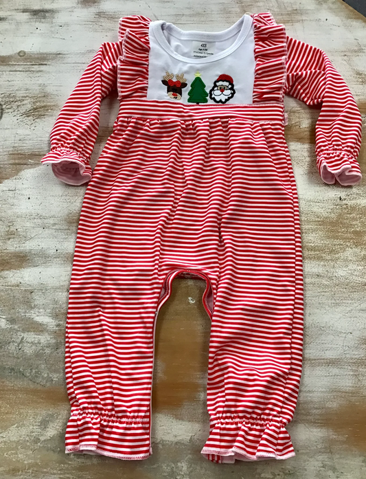Christmas tree deer santa embroidered red stripe romper
