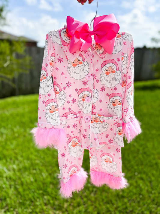 baby girl pink santa print button pajama set