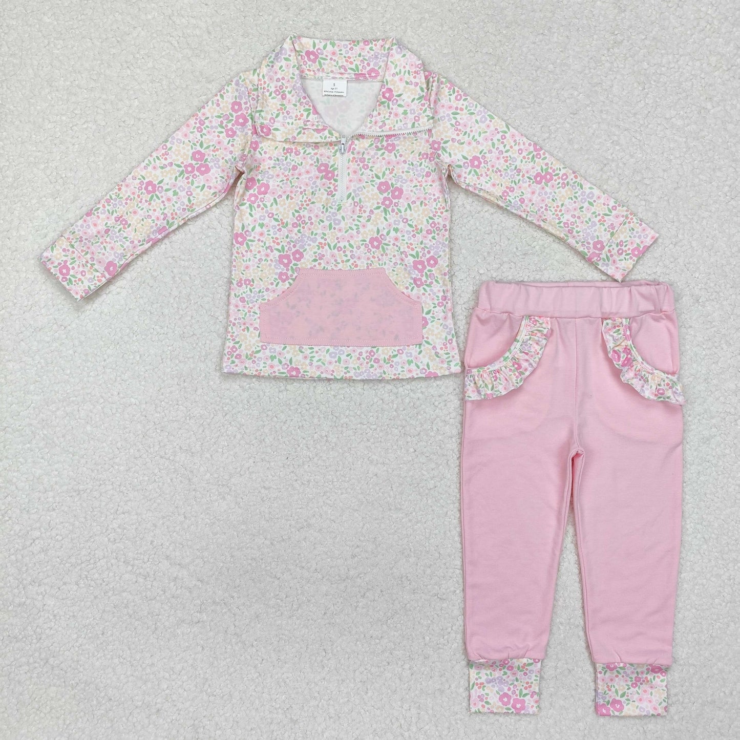 floral zip top pink jogger set girls outfit