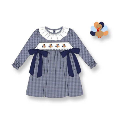 TAT 6 weeks MOQ 3 girls navy gingham turkey dress