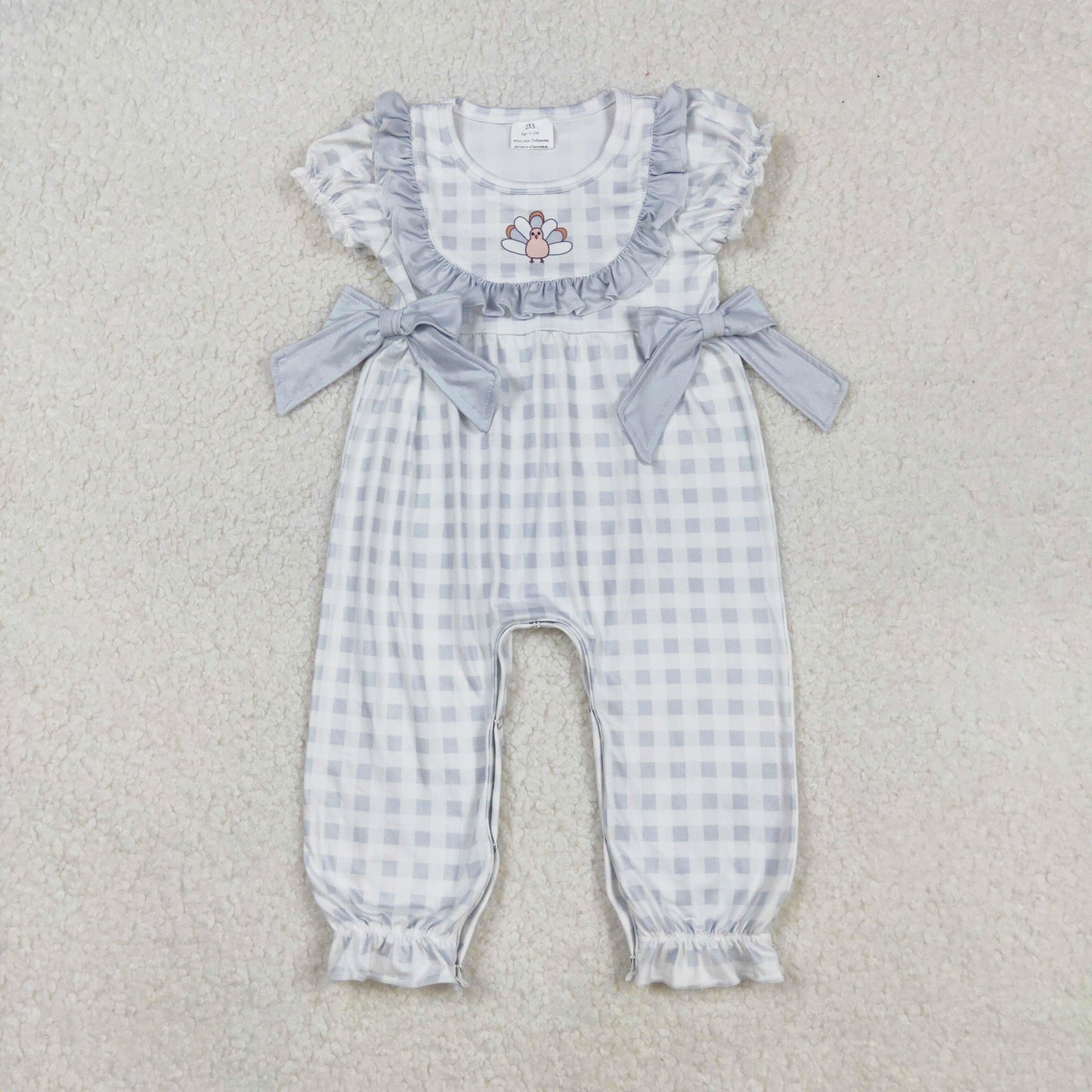 short sleeve gray gingham turkey print romper