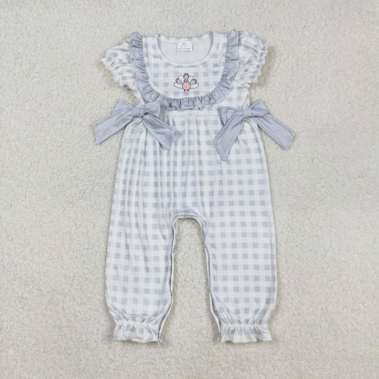 short sleeve gray gingham turkey print romper