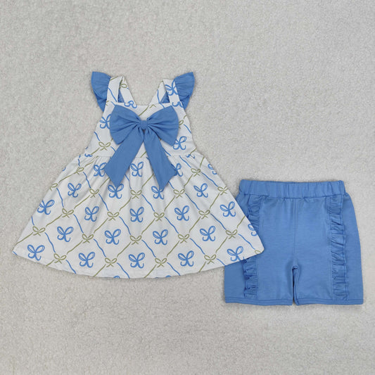 cross back blue bow shorts set toddler girl clothing