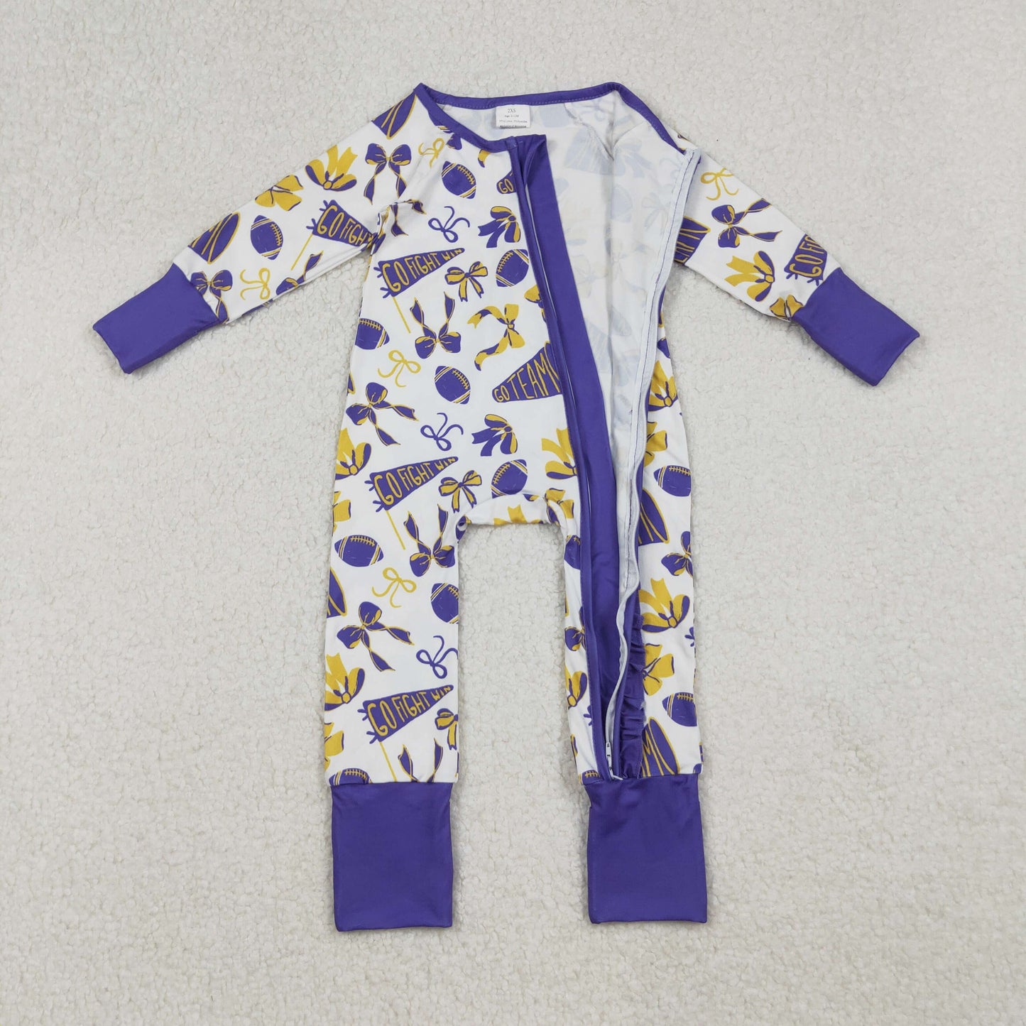 purple go team football ruffle zipper sleeper