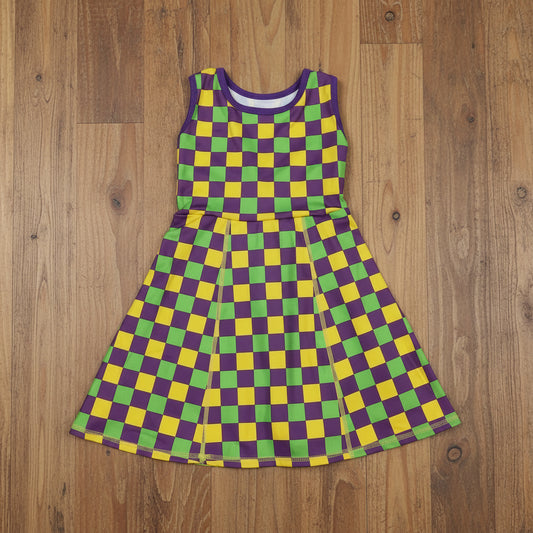 mardi gras purple green golden checkered athletic dress