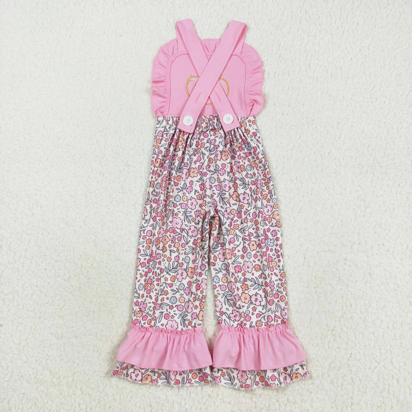 pumpkin embroidery pink floral strap ruffles jumpsuit