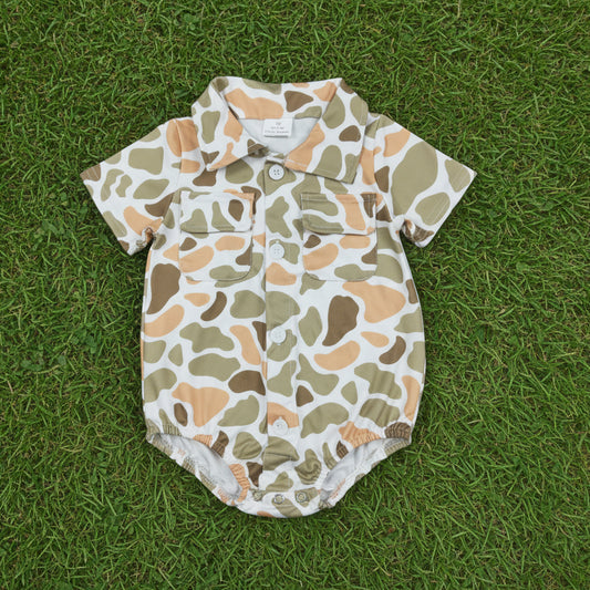 camo button romper with pocket