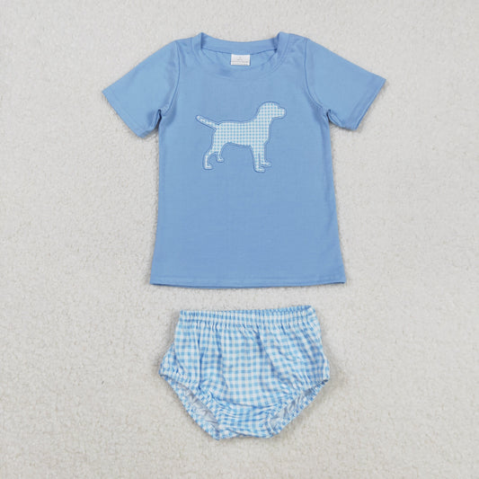 blue dog embroidery plaid bummie set