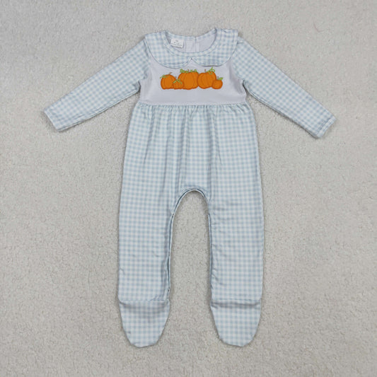 blue ginghan pumpkin embroidery footie romper fall infant girl clothes